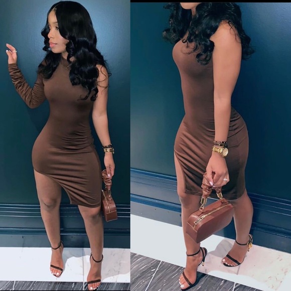 Brown One Arm Midi Dress - Picture 2 of 5